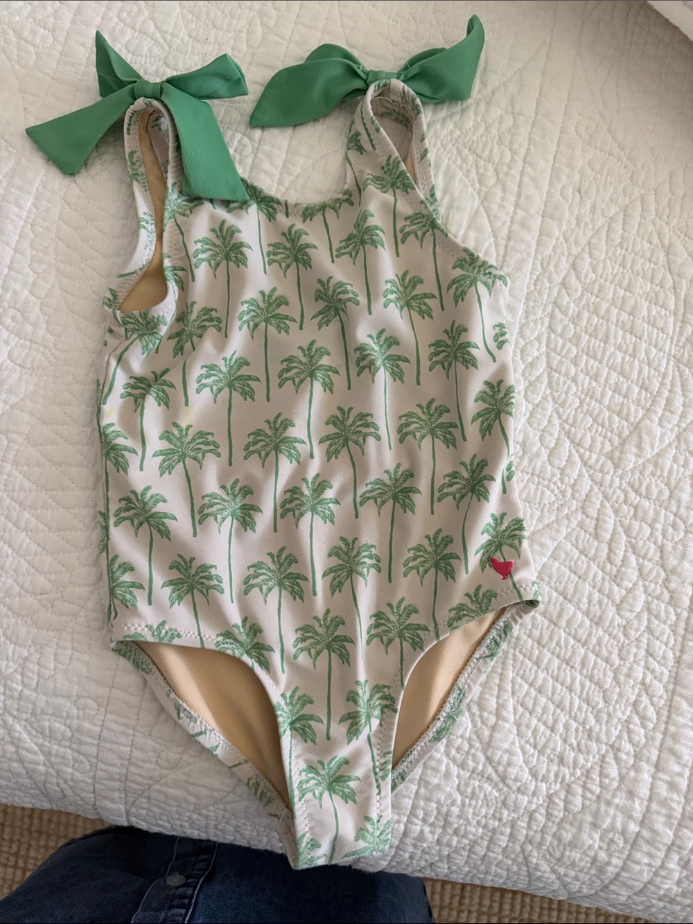 Pink Chicken Girls Palm Tree One-Piece Swimsuit in Green and White